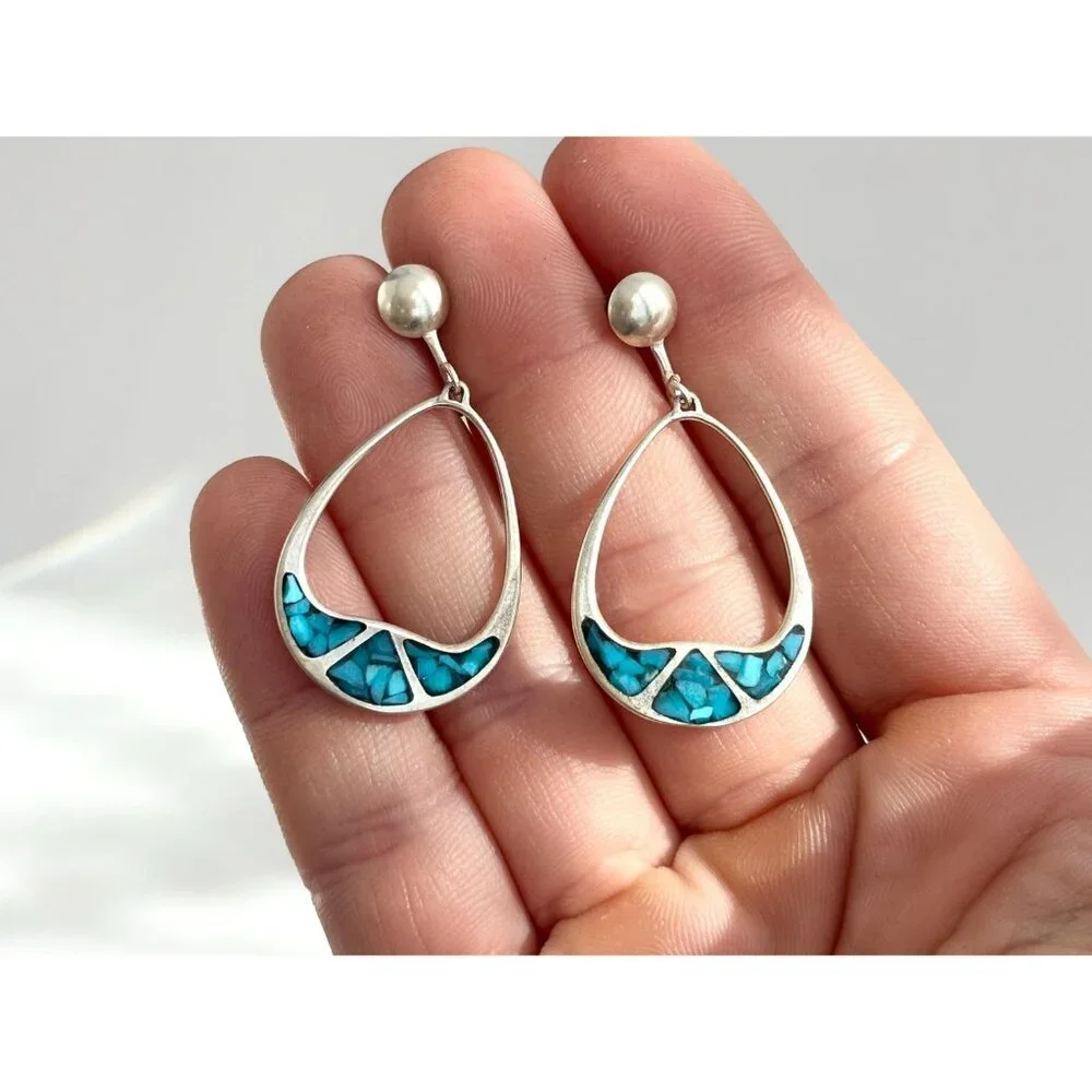 Teardrop Hoop Turquoise Screw Back SW Vintage Sterling Silver 925 Earrings